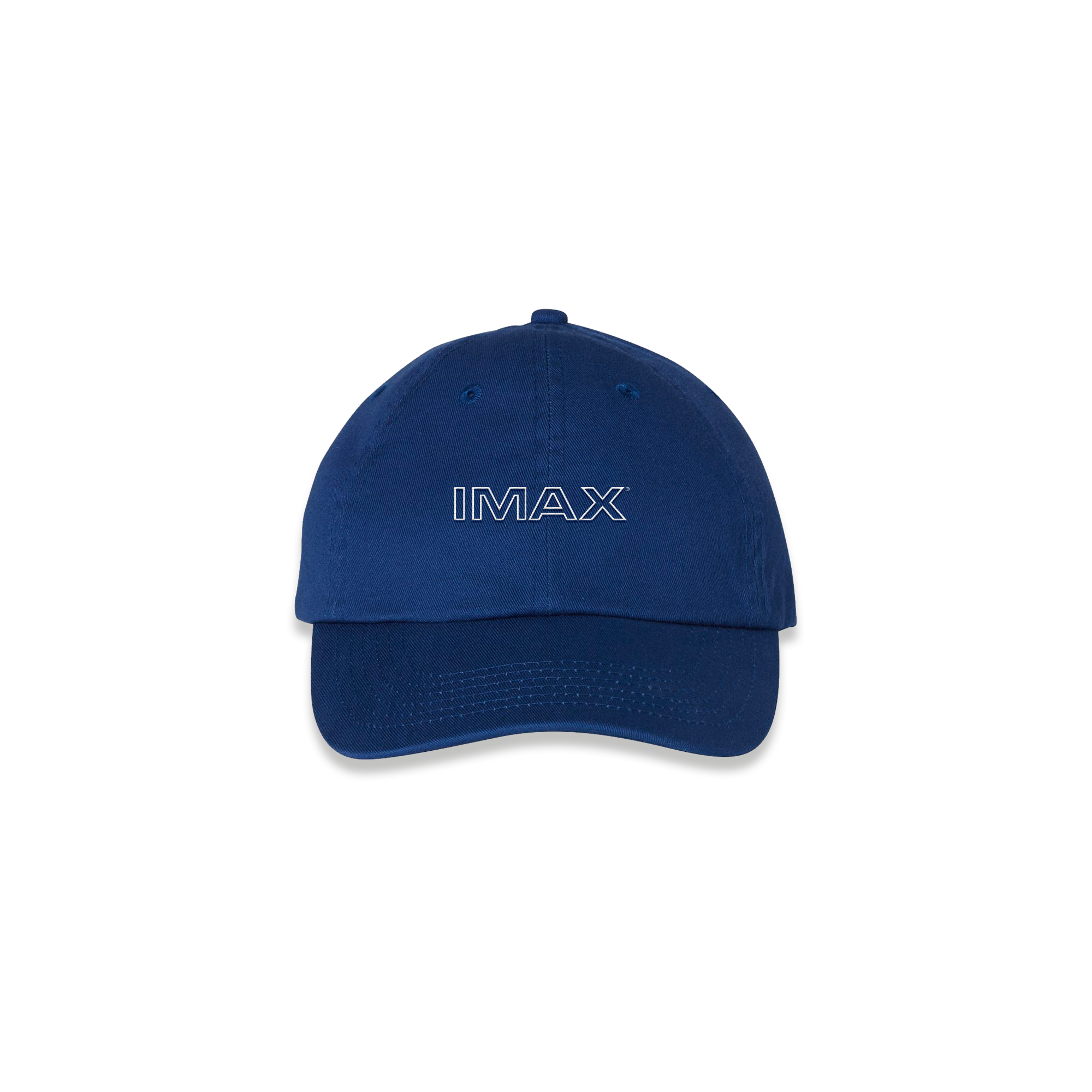 The front of a blue dad hat with the retro 'IMAX' logo in white across the front.