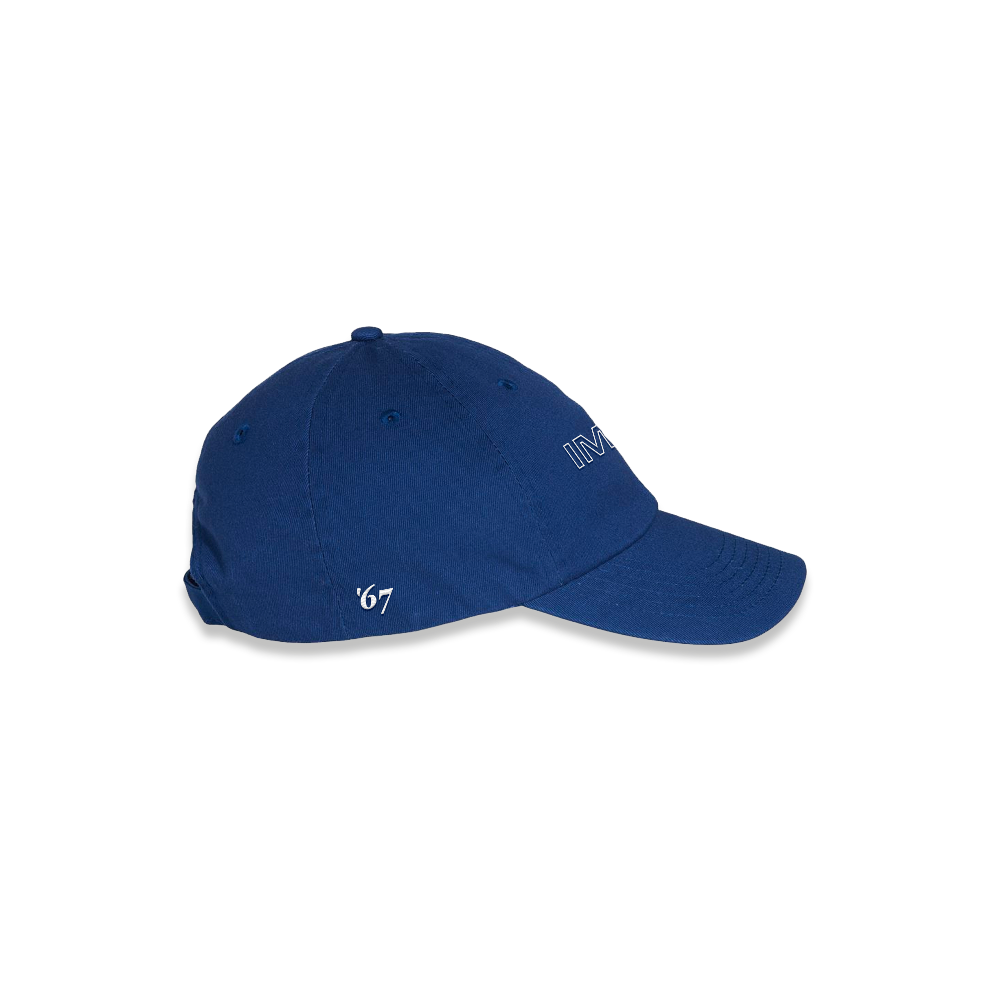 A side view of a blue hat with 'IMAX' in white on the front and '67' in white on the side.