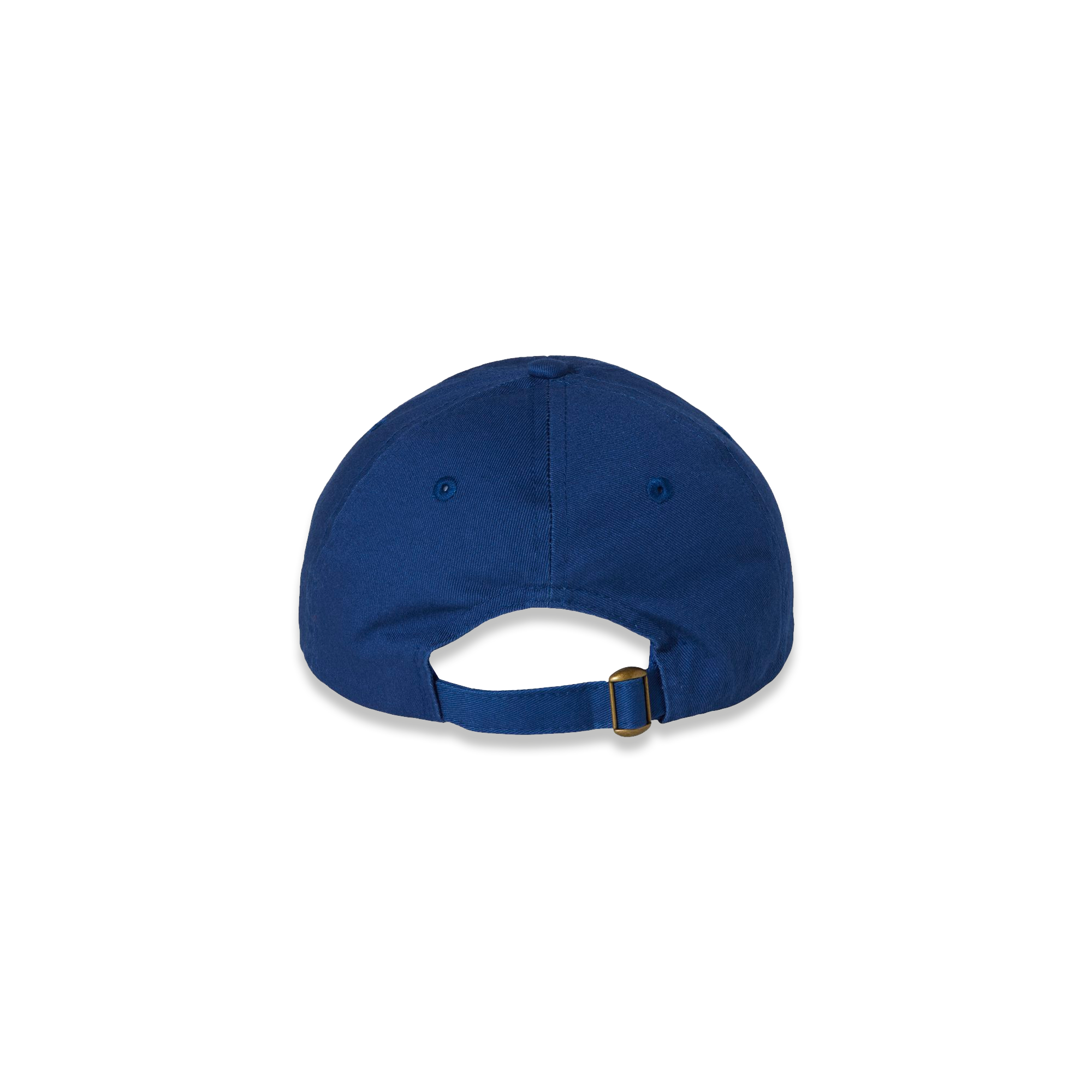The back of a blue hat featuring a buckle closure.