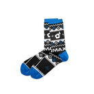 A festive black and blue pair of holiday socks featuring various camera-related logos and IMAX logo. 