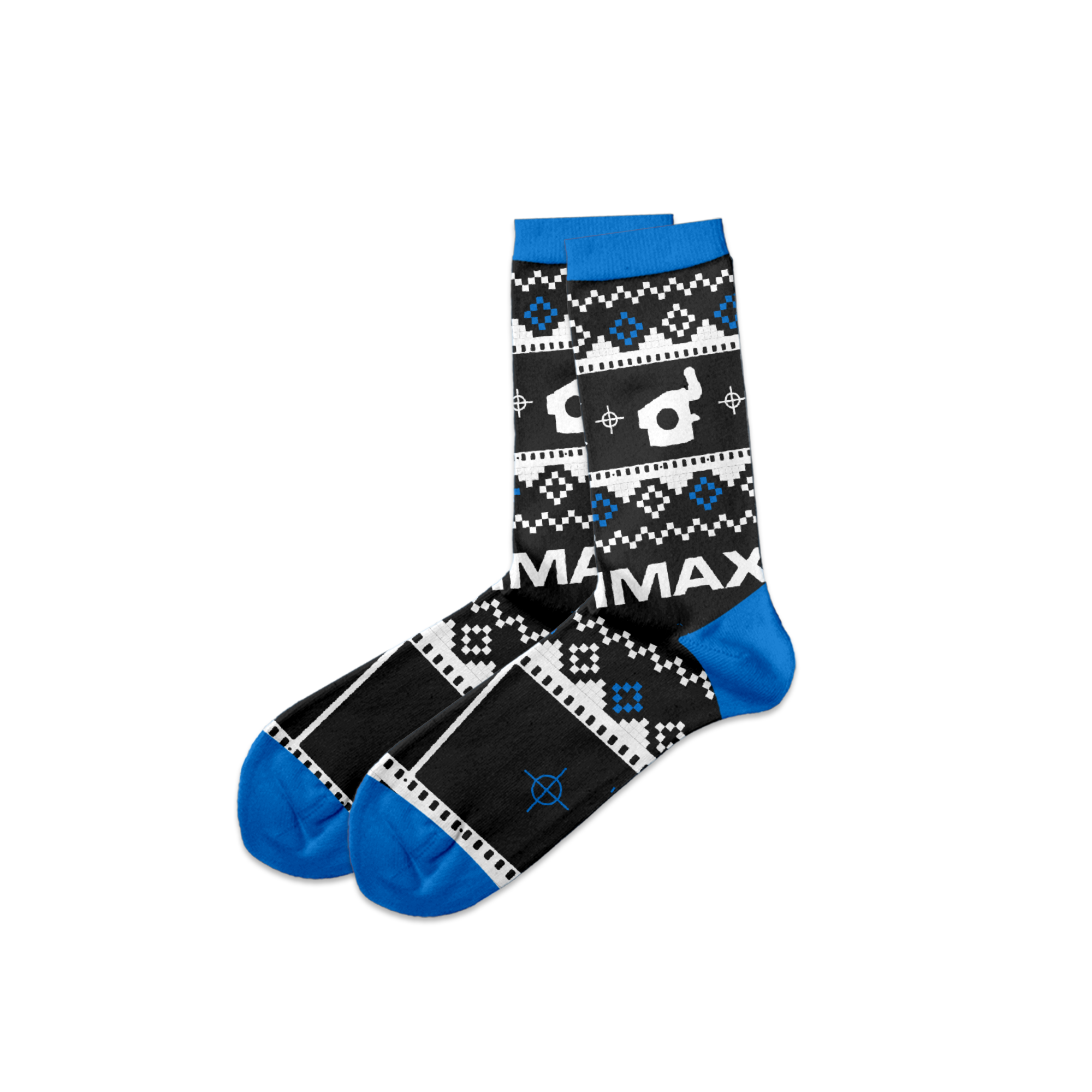A festive black and blue pair of holiday socks featuring various camera-related logos and IMAX logo. 