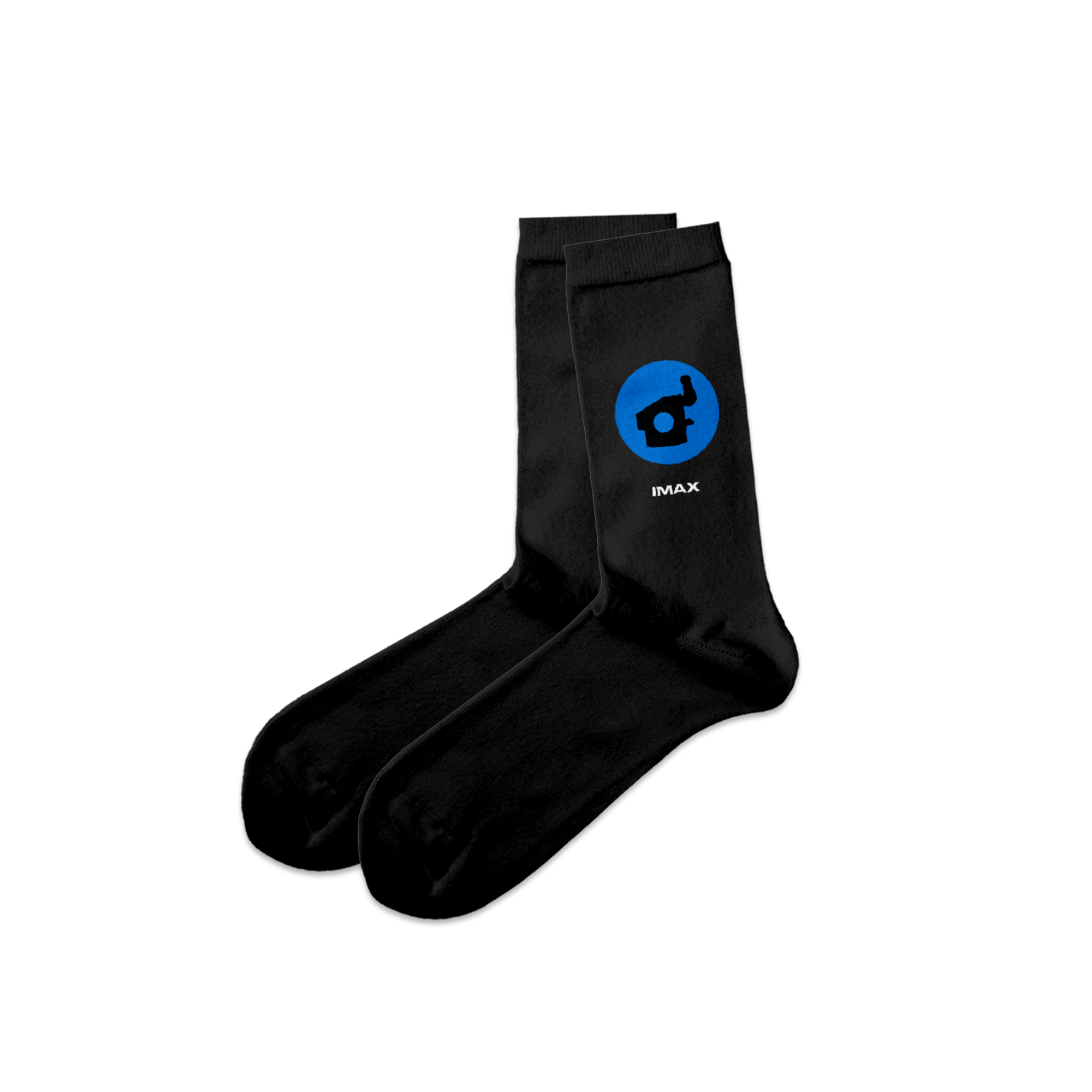 A pair of IMAX-branded black socks with a small blue and black design of an IMAX film camera. 
