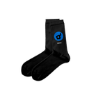 A pair of IMAX-branded black socks with a small blue and black design of an IMAX film camera. 