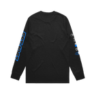 Black long-sleeve shirt with blue text on sleeves against a white background