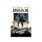 A poster showing a helmeted armored figure (the Mandalorian) standing on a rocky, snowy cliff, pointing a blaster outward, with a small green, big-eared child (Grogu) peeking from behind his shoulder. In the background, a sci-fi battle unfolds with walking machines and explosions under a night sky with moons and stars. A spacecraft flies overhead. Tthe film title appears at the bottom.