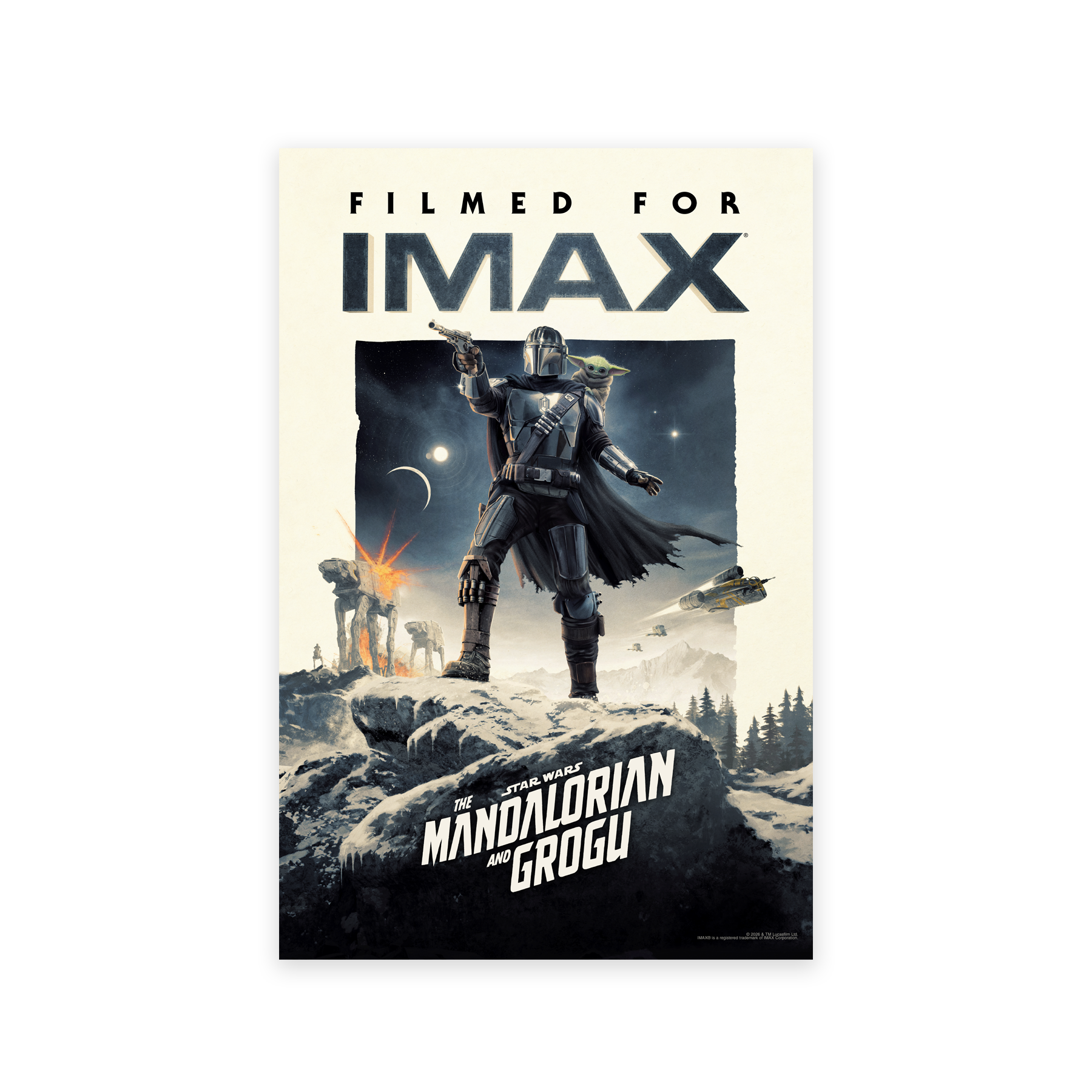 A poster showing a helmeted armored figure (the Mandalorian) standing on a rocky, snowy cliff, pointing a blaster outward, with a small green, big-eared child (Grogu) peeking from behind his shoulder. In the background, a sci-fi battle unfolds with walking machines and explosions under a night sky with moons and stars. A spacecraft flies overhead. Tthe film title appears at the bottom.