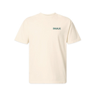 Cream short sleeve T-shirt featuring a small green IMAX outline logo embroidered on the left chest with a classic crewneck fit