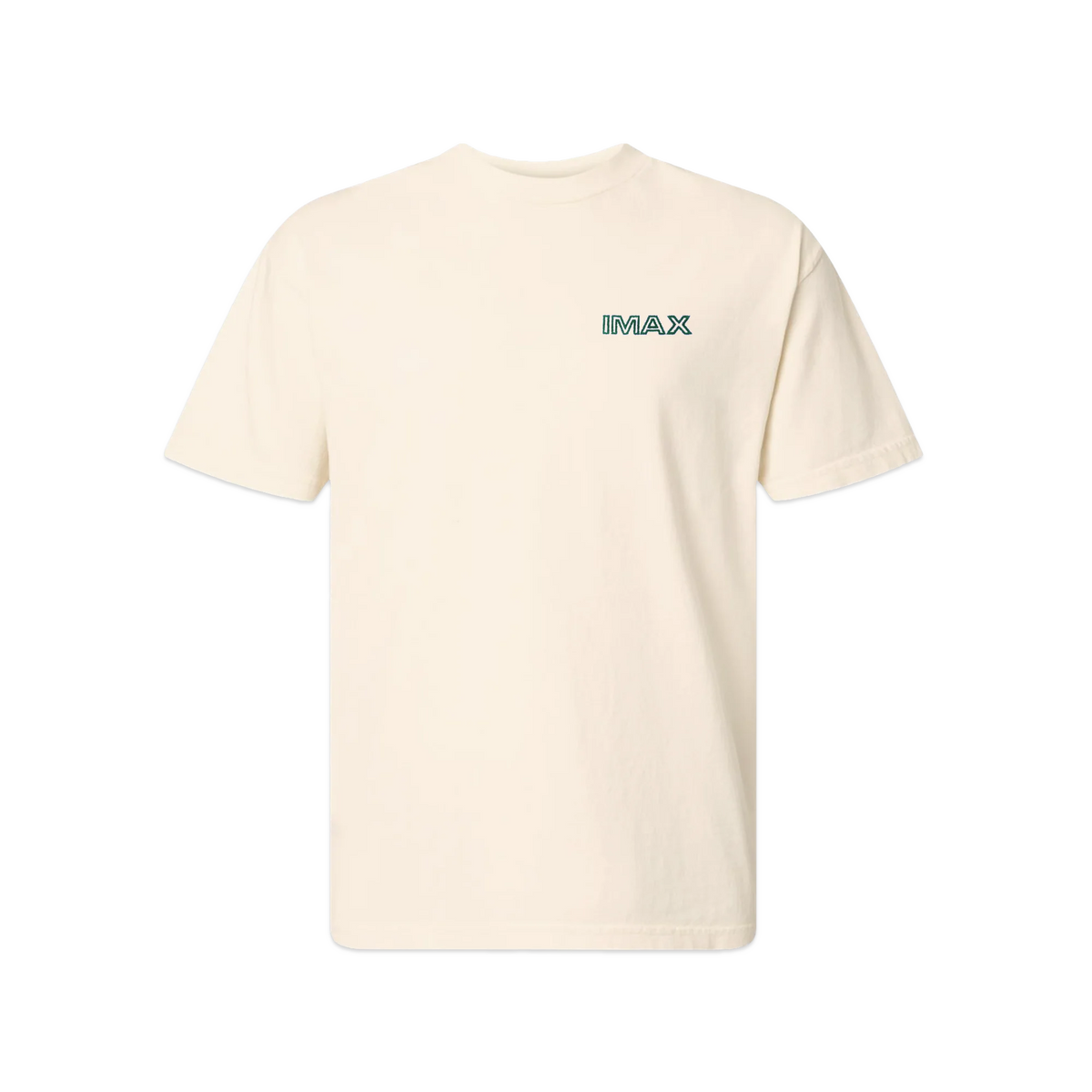 Cream short sleeve T-shirt featuring a small green IMAX outline logo embroidered on the left chest with a classic crewneck fit