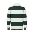 Back of a Green and white striped rugby style long sleeve polo with a white collar. Green embroidered IMAX est 1967 small on the left chest. 