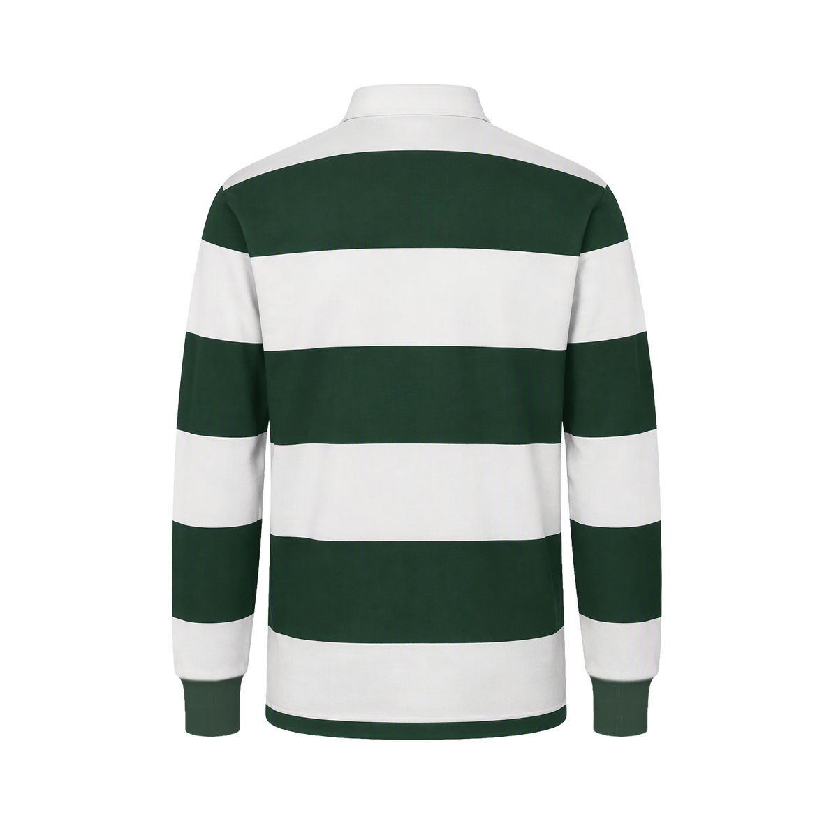 Back of a Green and white striped rugby style long sleeve polo with a white collar. Green embroidered IMAX est 1967 small on the left chest. 