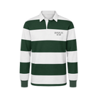Green and white striped rugby style long sleeve polo with a white collar. Green embroidered IMAX est 1967 small on the left chest. 