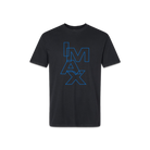The front of a black T-shirt with "IMAX" outlined in blue, arranged vertically and staggered.