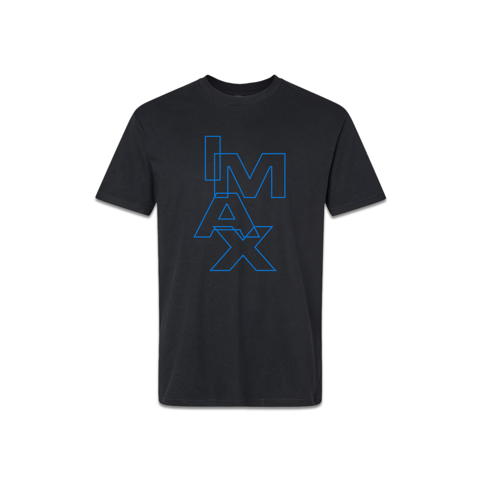 The front of a black T-shirt with "IMAX" outlined in blue, arranged vertically and staggered.