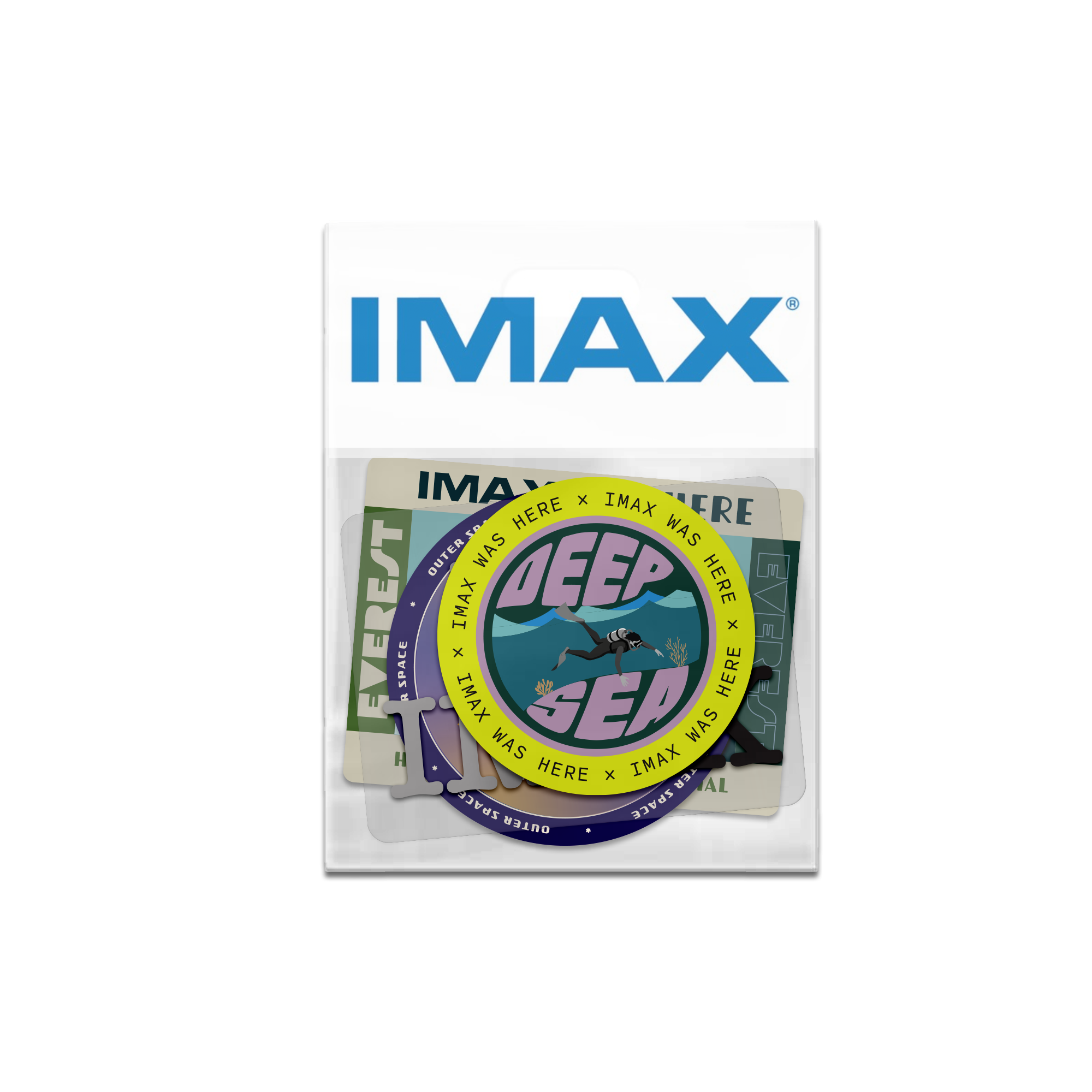 A sticker pack including 4 different stickers showcasing various locations the IMAX camera has been, including Deep Sea, Outer Space, The Himalayas, as well as an I Heart IMAX sticker.