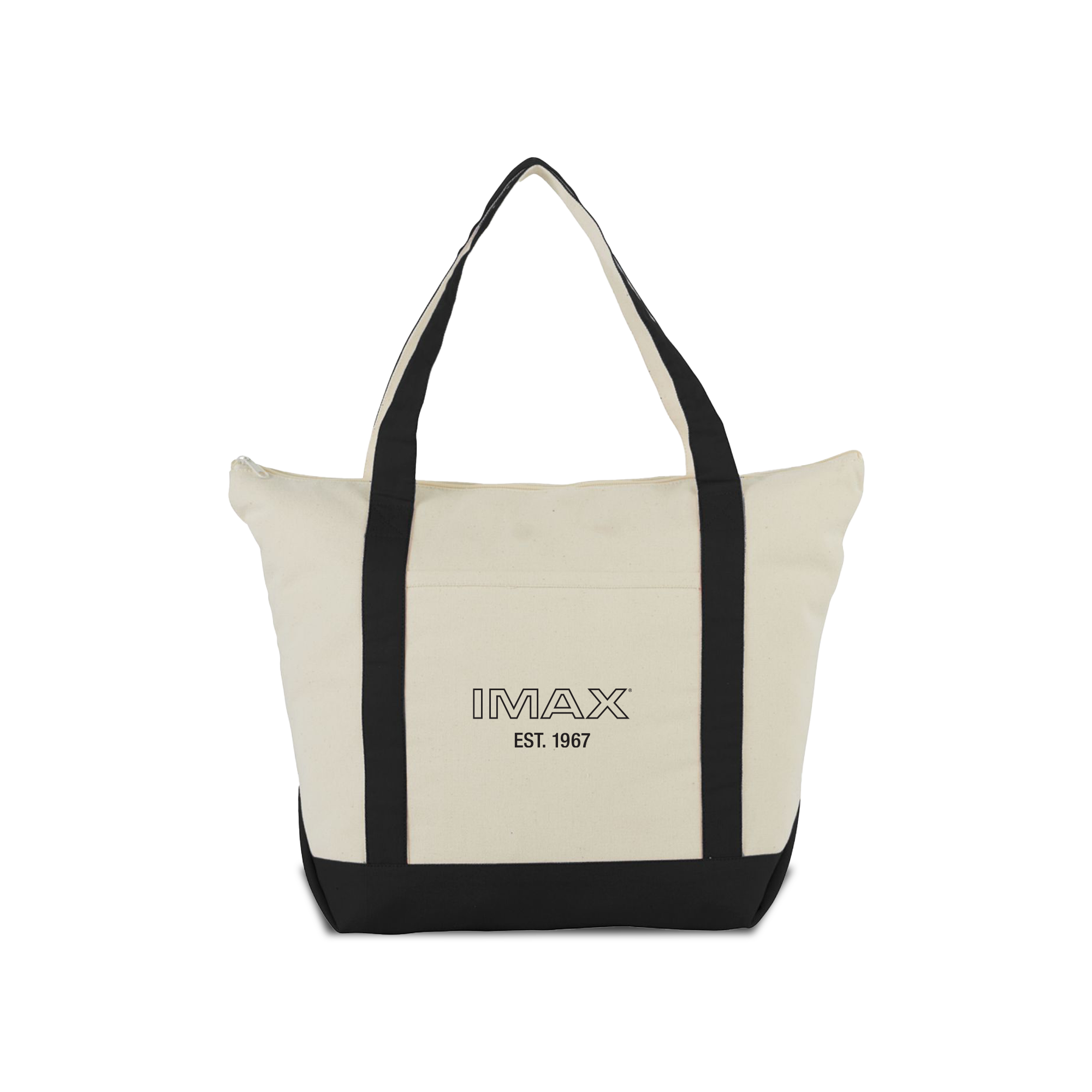 A large, zippered off-white tote back with 2 large handles and the retro IMAX logo and “est. 1967” printed in black on the front. 