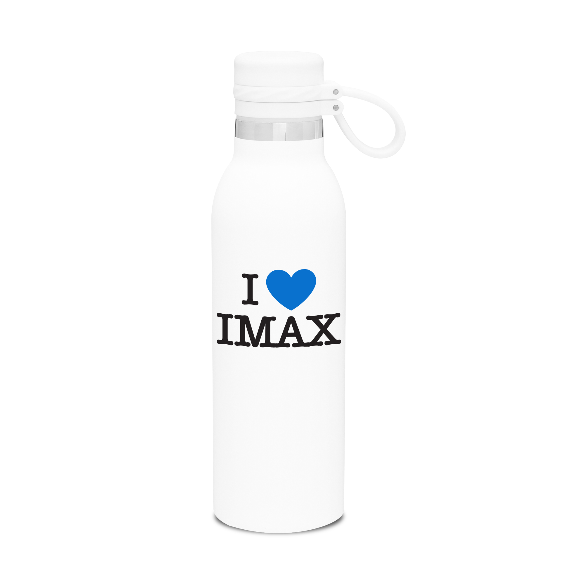 A white, reusable water bottle featuring 'I HEART IMAX' with a heart design in blue. 