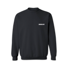 The front of a black crewneck sweatshirt with a white IMAX logo.