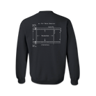 The back of a black crewneck sweatshirt depicting a line art design of an IMAX 70mm filmstrip.