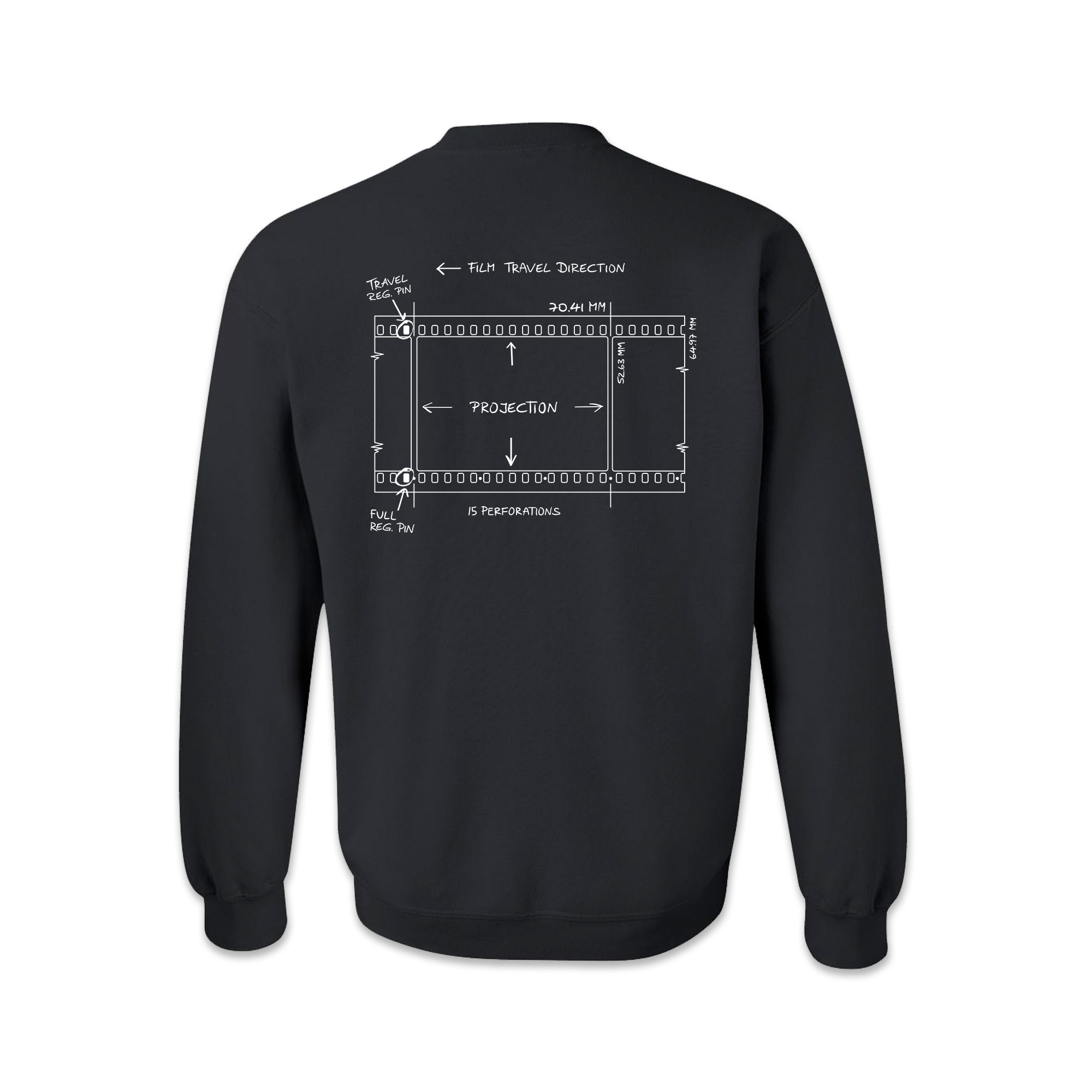 The back of a black crewneck sweatshirt depicting a line art design of an IMAX 70mm filmstrip.