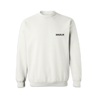 The front of a white crewneck sweatshirt with a black IMAX logo.