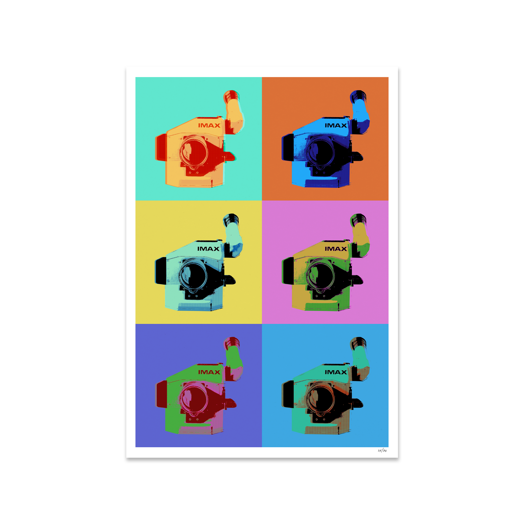 A multicolored poster featuring an IMAX film camera arranged in various colored boxes.