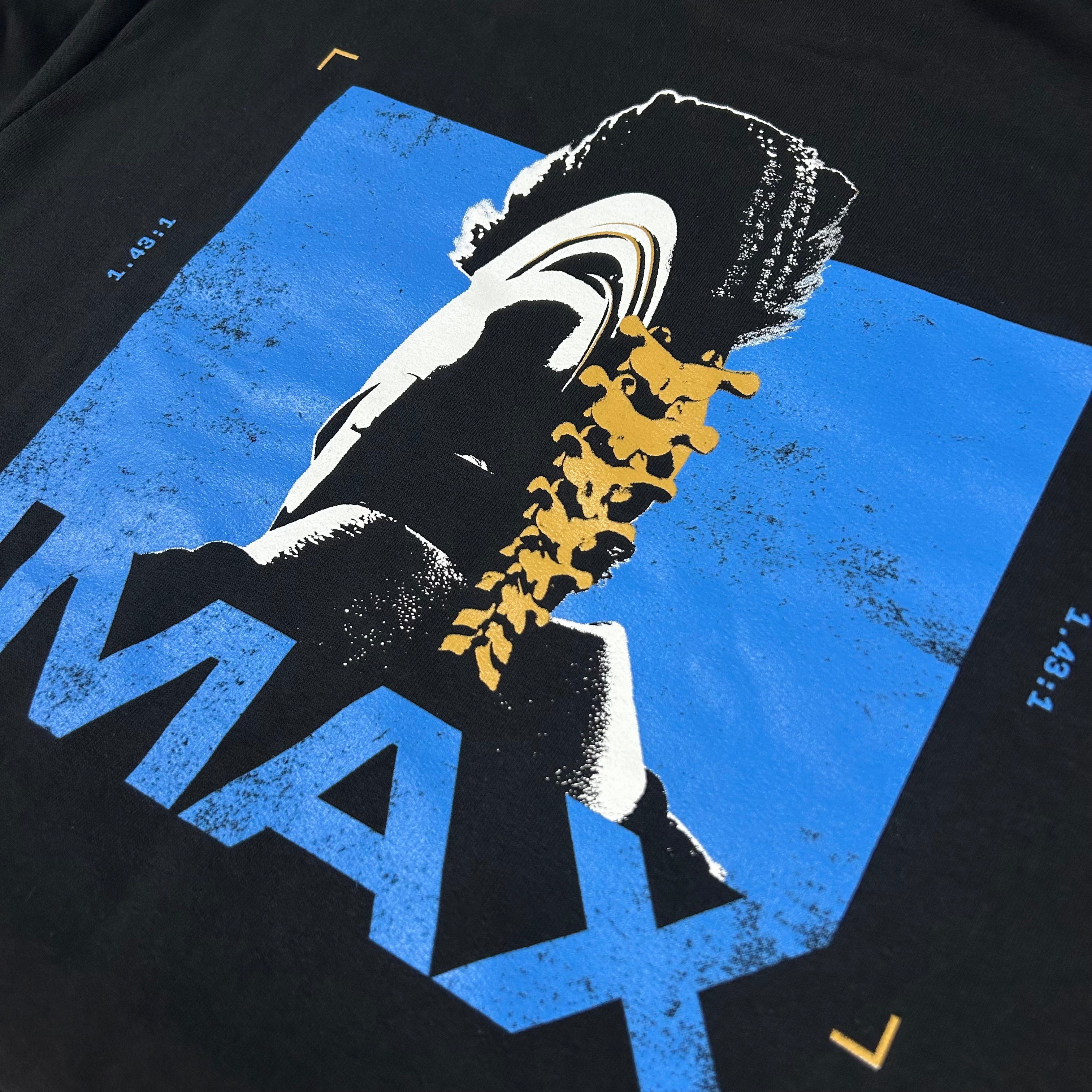 Black t-shirt with graphic design of a person with a blue background and yellow text.