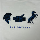 Gray sweatshirt with blue 'The Odyssey' logo featuring a helmet, camera, and horse.