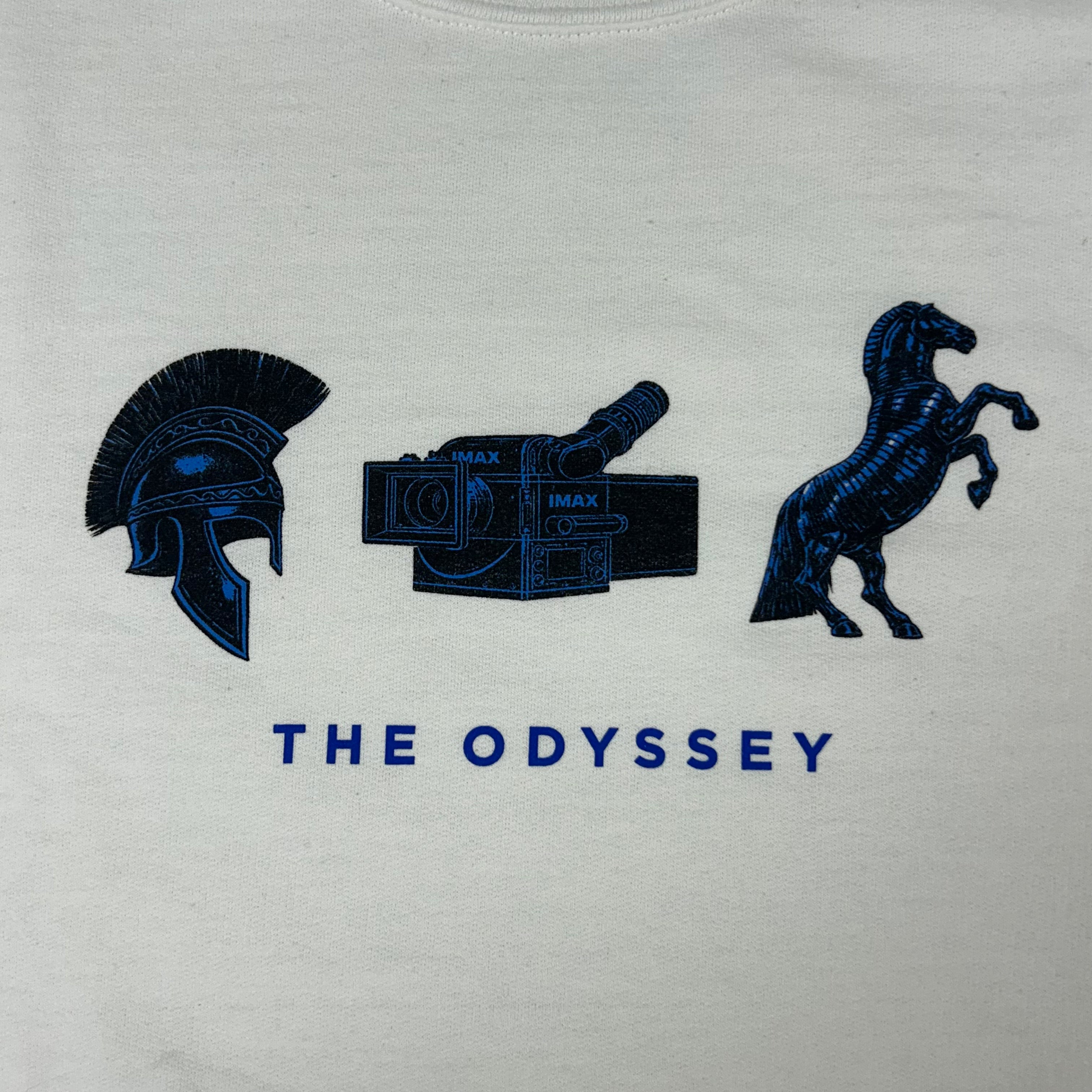 Gray sweatshirt with blue 'The Odyssey' logo featuring a helmet, camera, and horse.