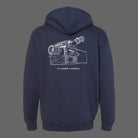 Navy blue IMAX hoodie with a white IMAX logo printed on the center chest in the front and a technical line-art illustration of the IMAX Keighley Film Camera on the back.