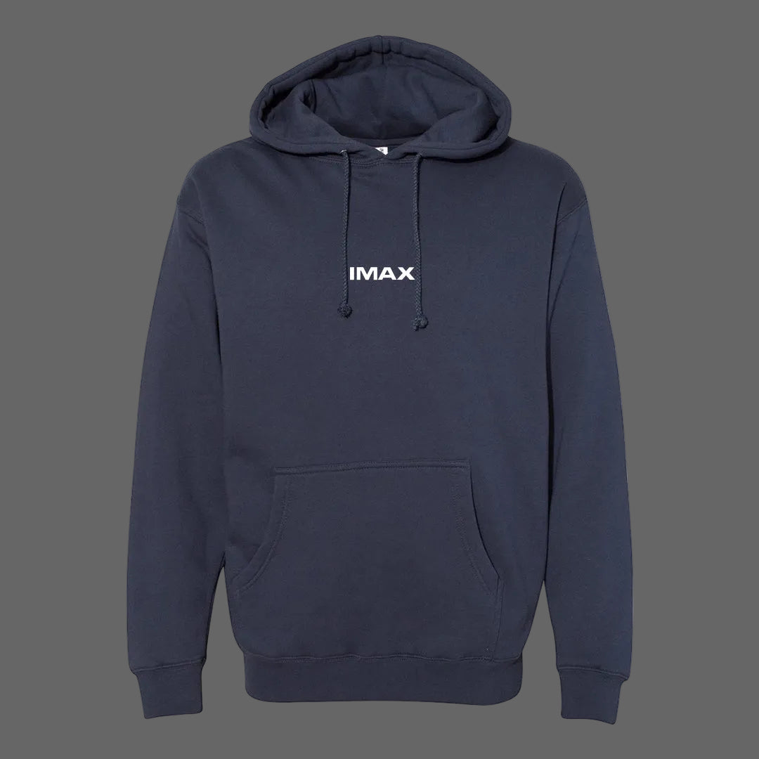 Navy blue IMAX hoodie with a white IMAX logo printed on the center chest in the front and a technical line-art illustration of the IMAX Keighley Film Camera on the back.