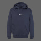 Navy blue IMAX hoodie with a white IMAX logo printed on the center chest in the front and a technical line-art illustration of the IMAX Keighley Film Camera on the back.