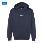 Navy blue IMAX hoodie with a white IMAX logo printed on the center chest in the front and a technical line-art illustration of the IMAX Keighley Film Camera on the back.