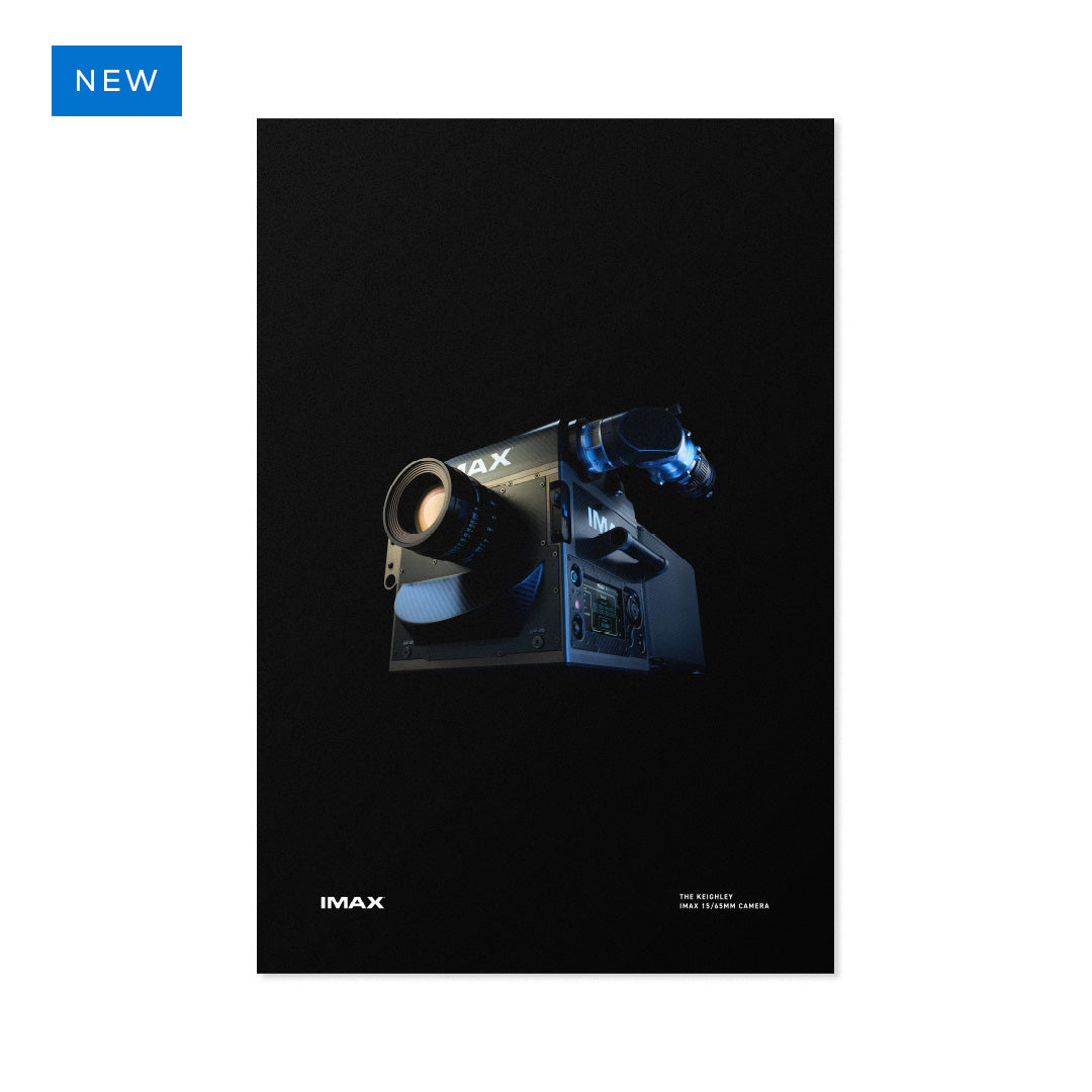 IMAX Keighley Film Camera poster featuring a dramatic studio photograph of the camera against a black background.