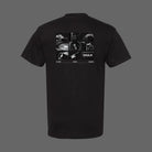 Black IMAX T-shirt featuring a small outlined IMAX logo centered on the chest in the front and a collage graphic of the new IMAX 15/65mm camera and lens components on the back
