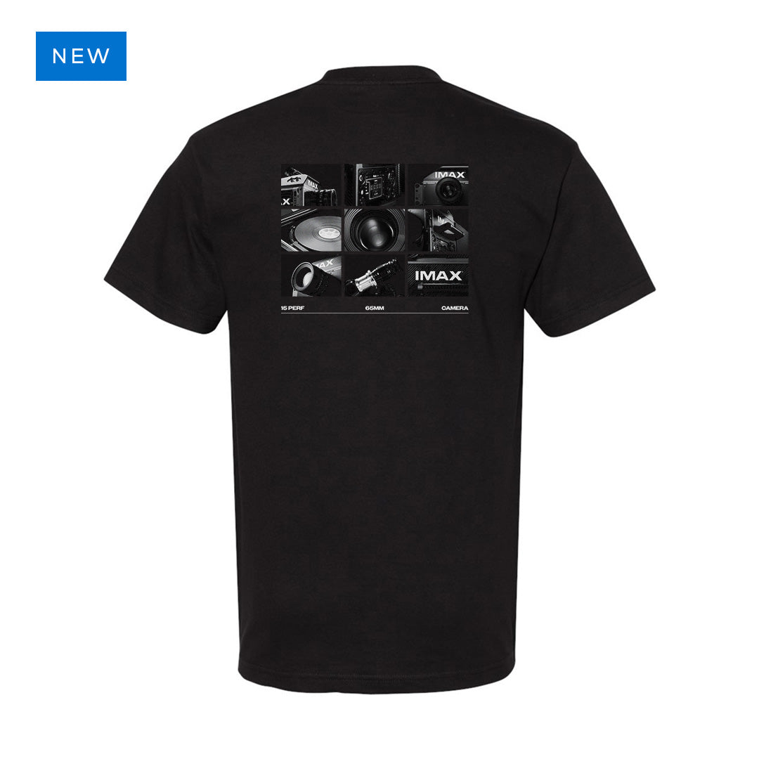 Black IMAX T-shirt featuring a small outlined IMAX logo centered on the chest in the front and a collage graphic of the new IMAX 15/65mm camera and lens components on the back