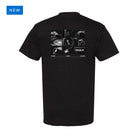 Black IMAX T-shirt featuring a small outlined IMAX logo centered on the chest in the front and a collage graphic of the new IMAX 15/65mm camera and lens components on the back