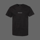 Black IMAX T-shirt featuring a small outlined IMAX logo centered on the chest in the front and a collage graphic of the new IMAX 15/65mm camera and lens components on the back
