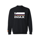 Black IMAX crewneck sweatshirt with white IMAX logo and horizontal kodak logo graphic across the chest, plus orange Kodak patch on the sleeve.