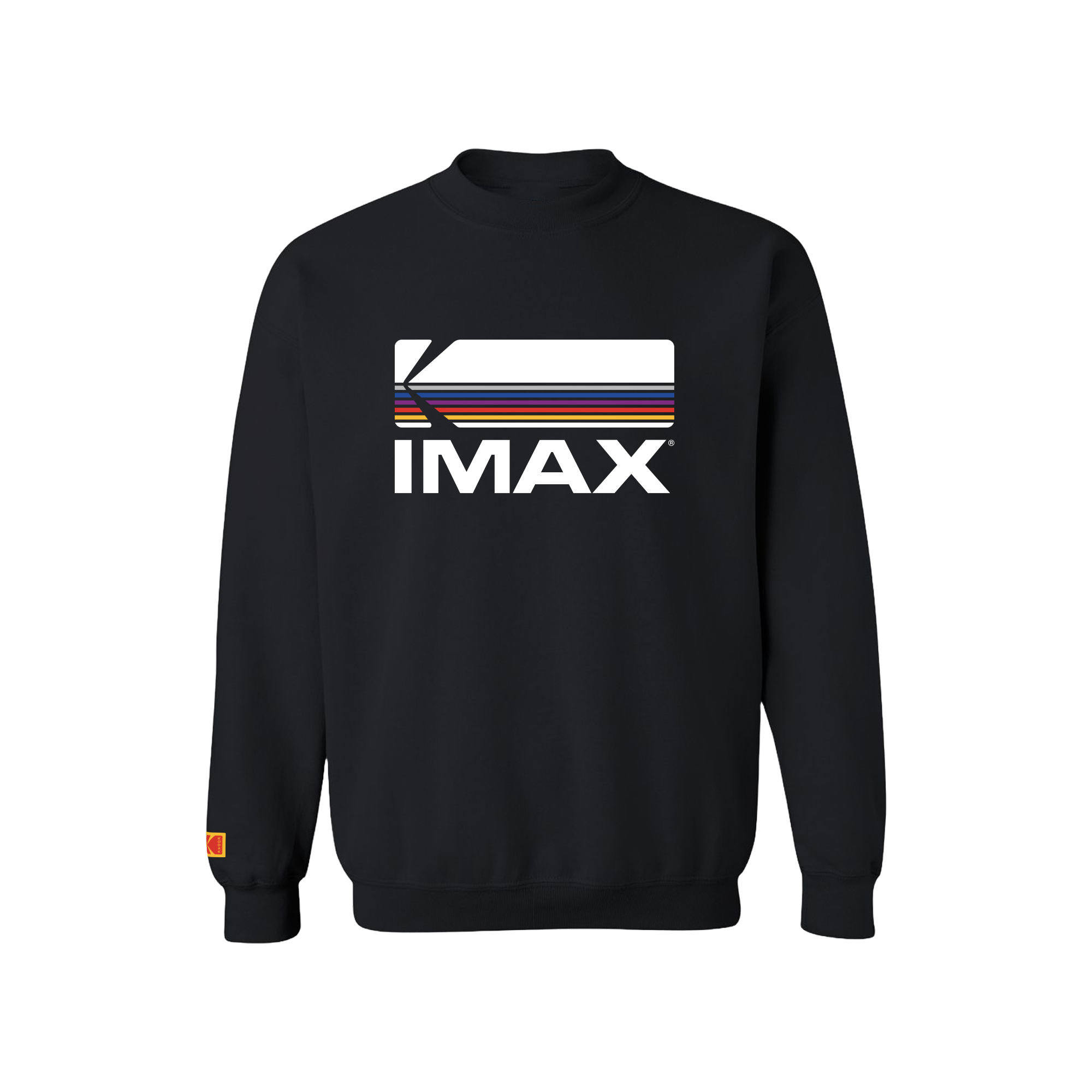 Black IMAX crewneck sweatshirt with white IMAX logo and horizontal kodak logo graphic across the chest, plus orange Kodak patch on the sleeve.