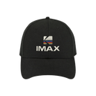 Black IMAX baseball cap with white embroidered IMAX logo and kodak logo on the front, and small orange Kodak logo detail on the side.