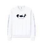 White sweatshirt with graphic design and text on a white background