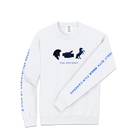 White sweatshirt with black and blue graphics and text on a white background