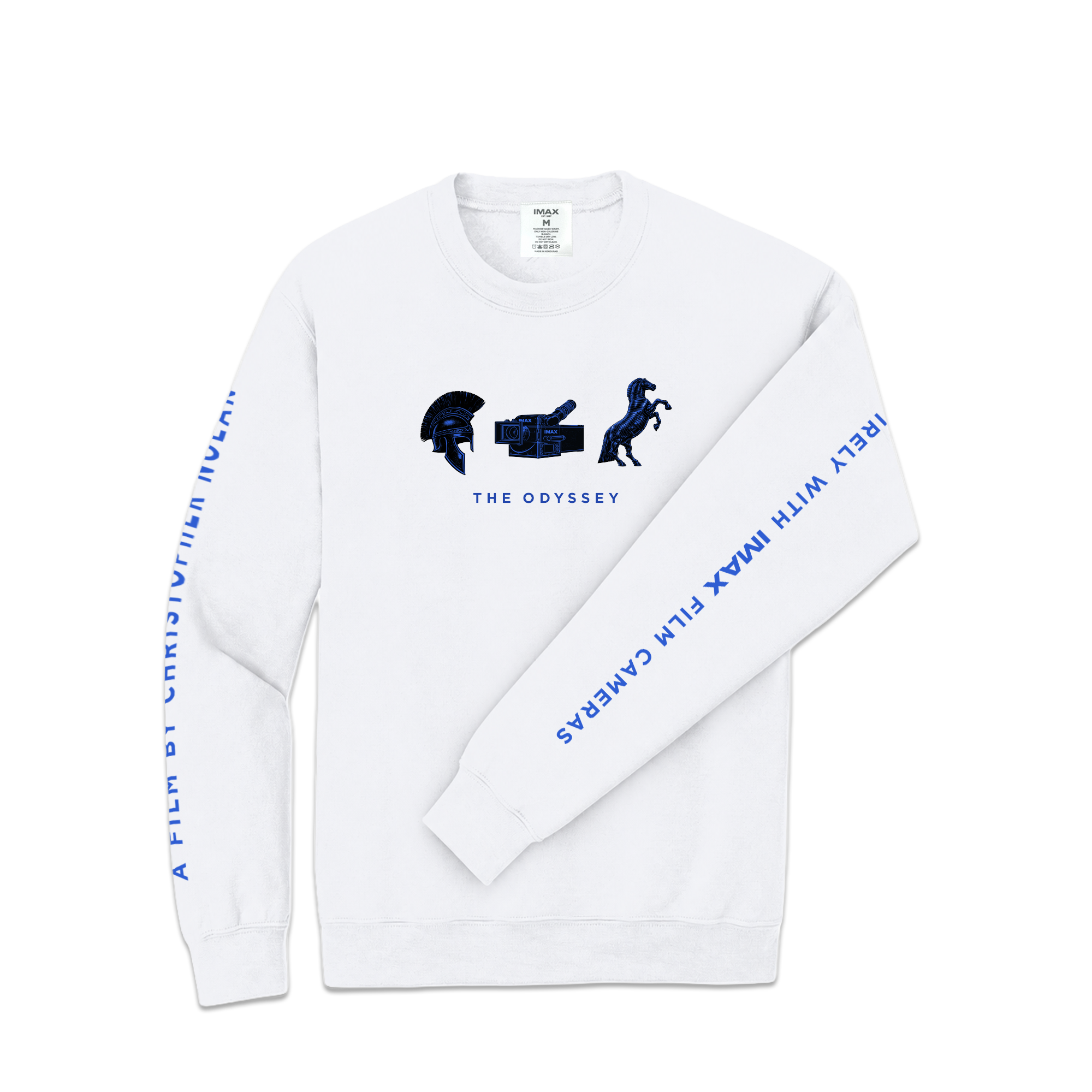 White sweatshirt with black and blue graphics and text on a white background