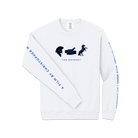 White long-sleeve shirt with blue text and graphics on a white background