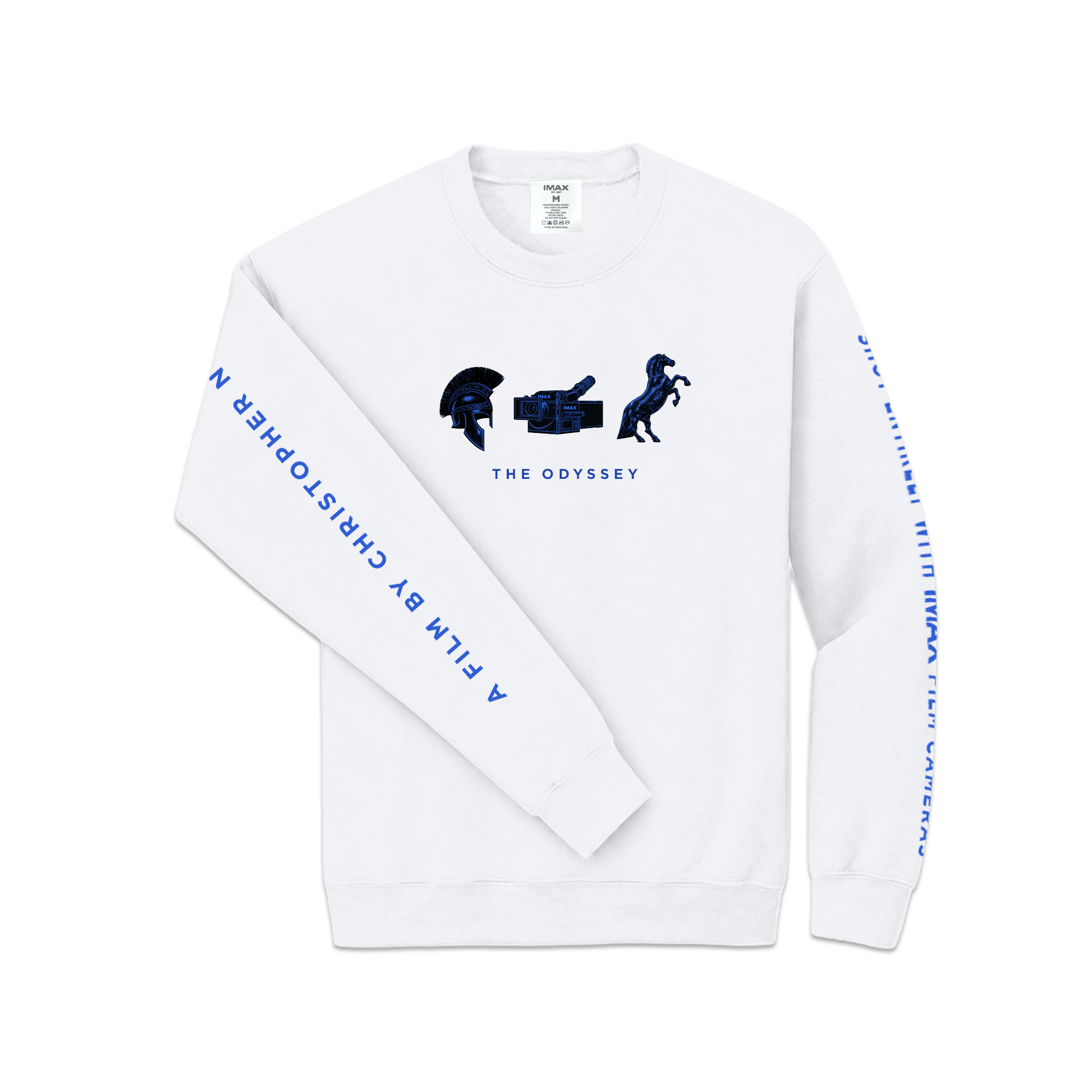 White long-sleeve shirt with blue text and graphics on a white background