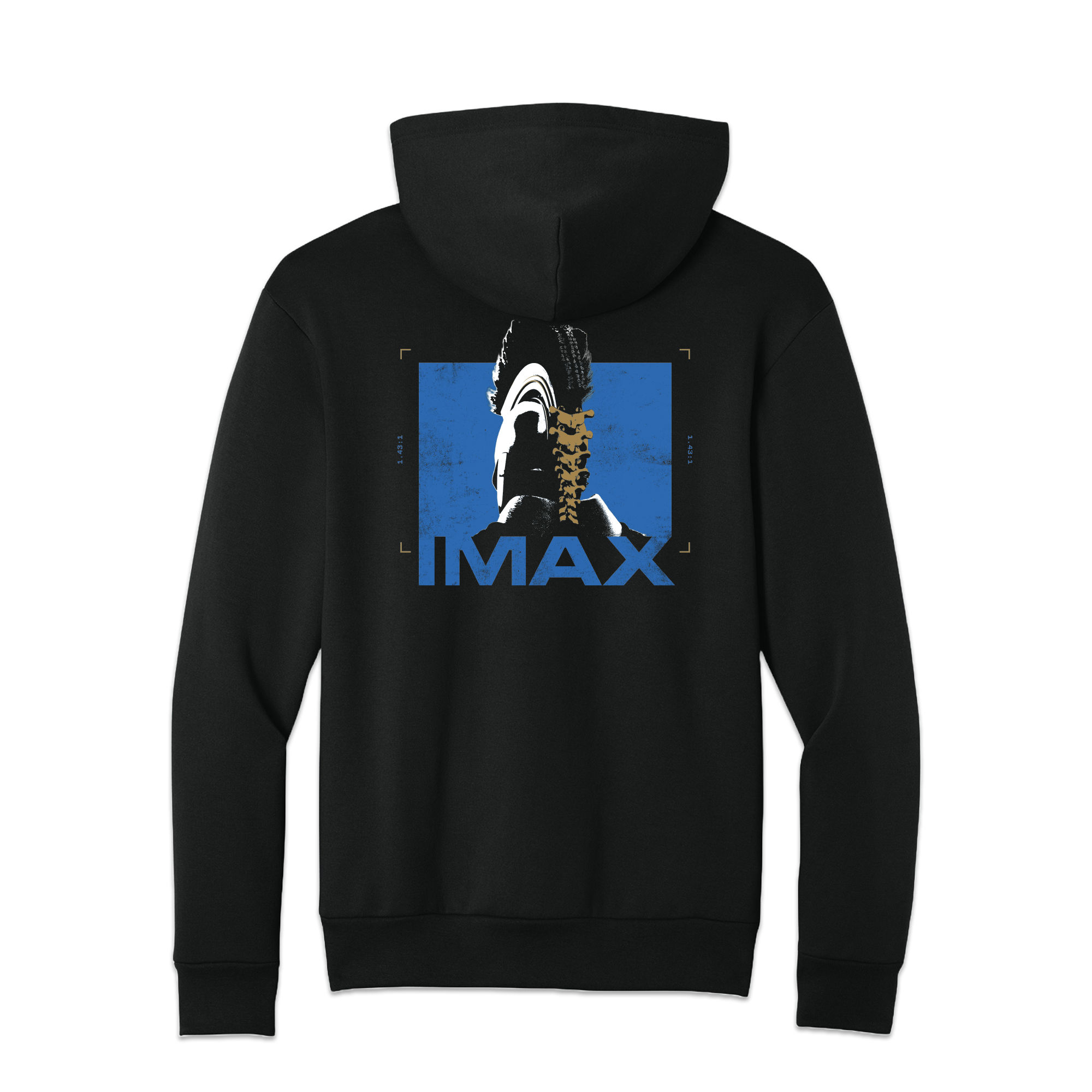 Black hoodie with IMAX graphic on the back against a white background
