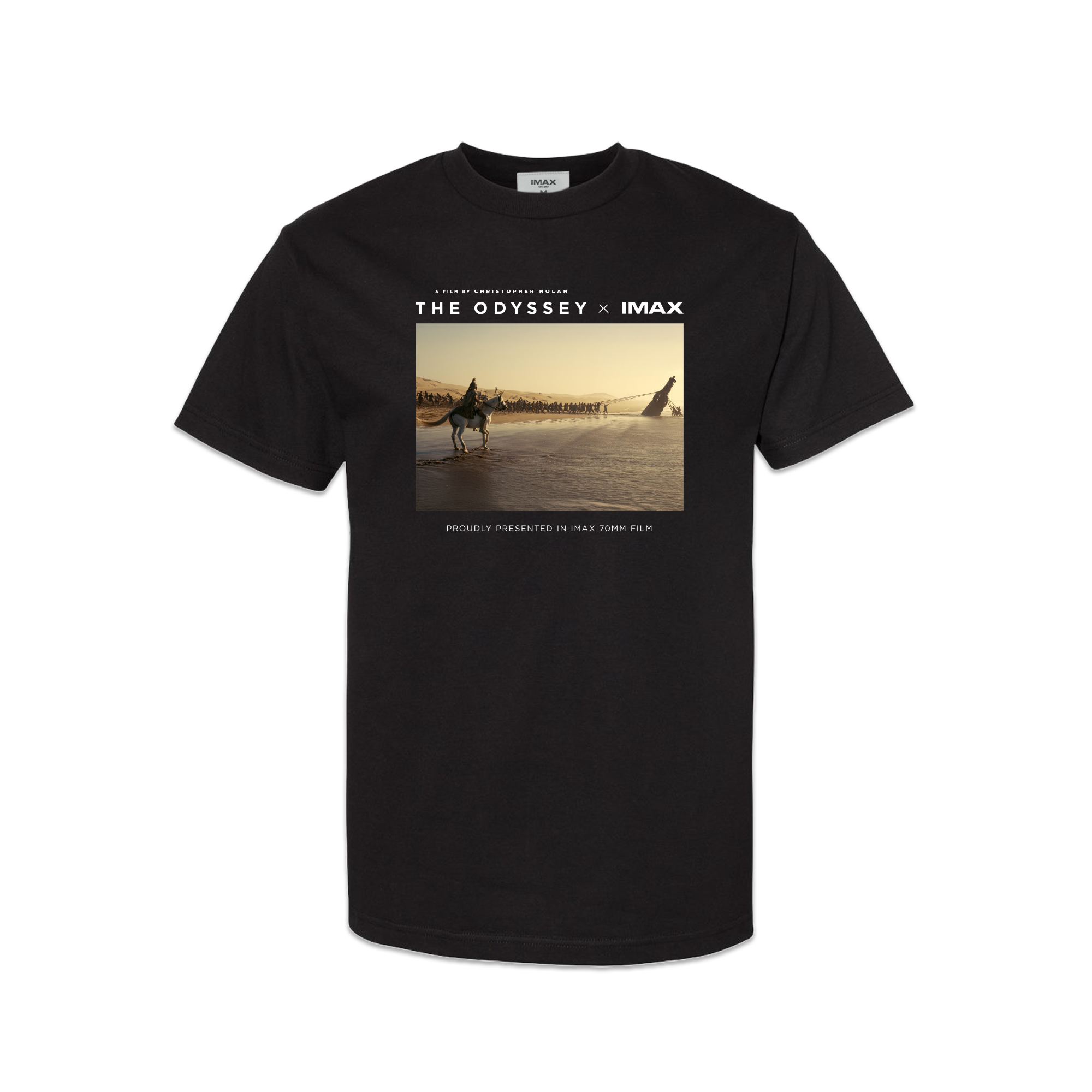 Black t-shirt with 'The Odyssey x IMAX' graphic on a white background