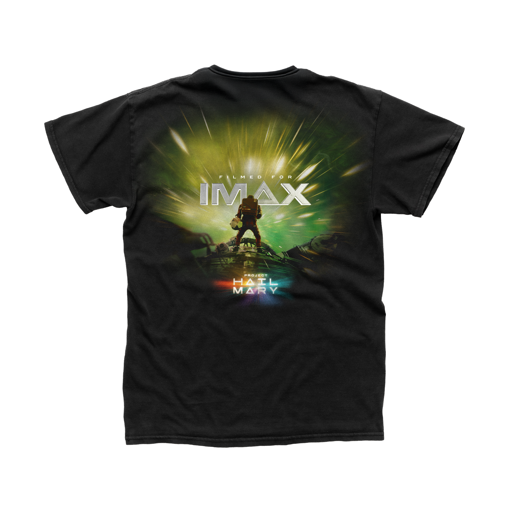 Black IMAX T-shirt with Project Hail Mary mission patch on the front and “Filmed for IMAX” astronaut graphic on the back.