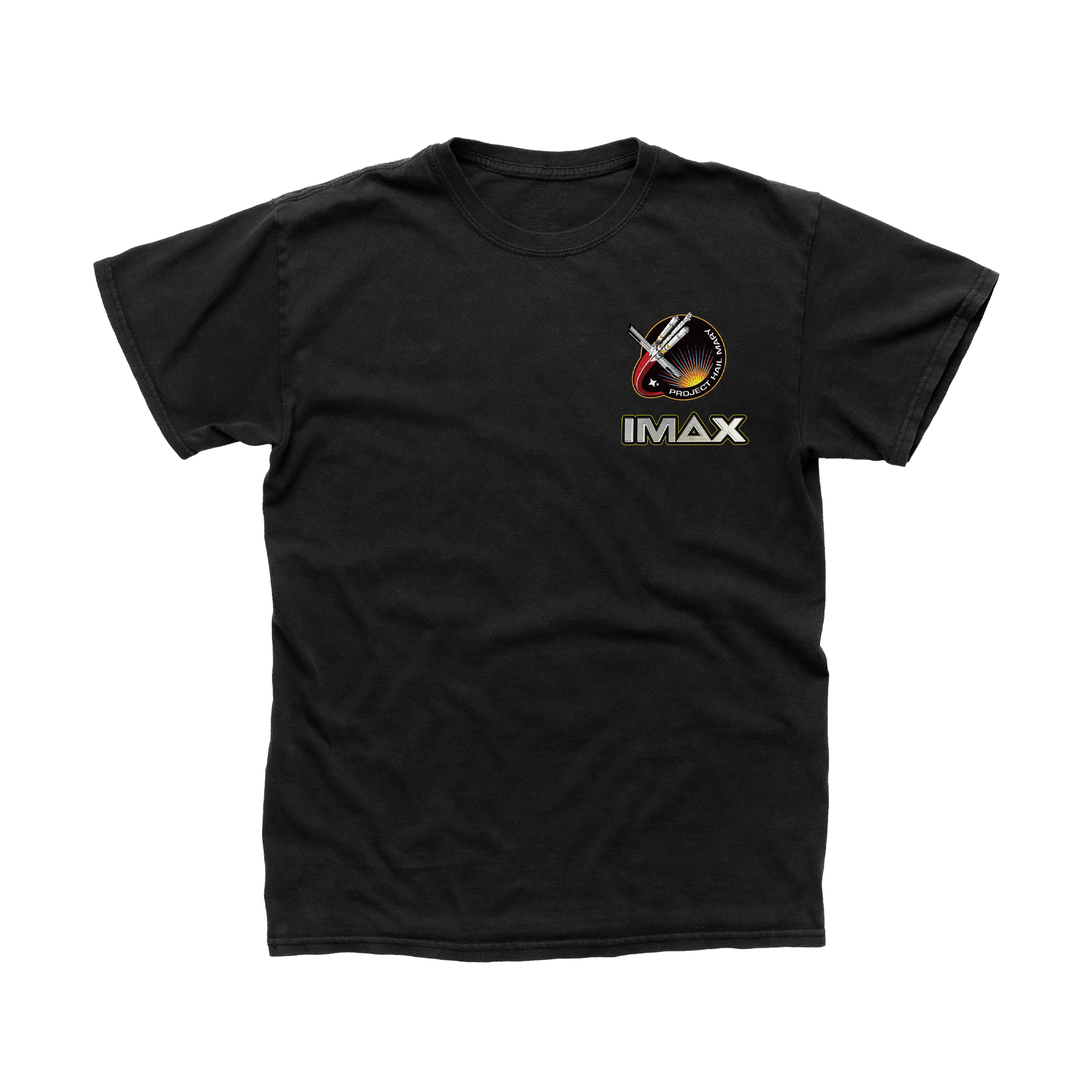 Black IMAX T-shirt with Project Hail Mary mission patch on the front and “Filmed for IMAX” astronaut graphic on the back.