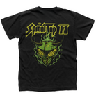 The back of a black t-shirt depicting fishnet-clad legs and a graphic of a bottom with horns over lime green flames with yellow text that reads Spinal Tap II.  